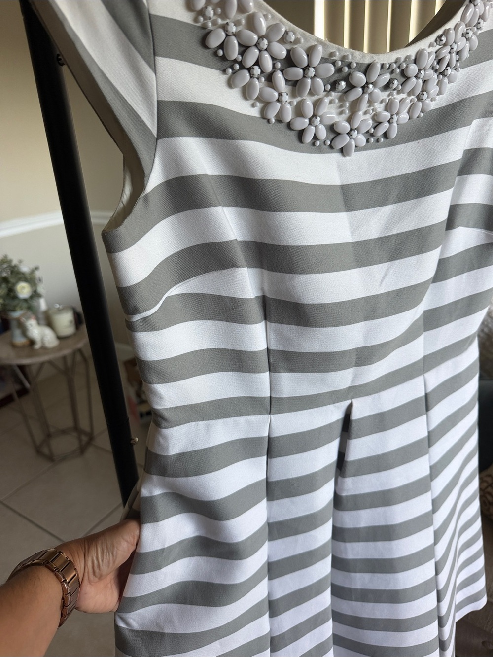 kate spade Gray & White Striped Jewel-Embellished Scoop Dress - Picture 4 of 8